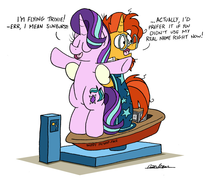 Size: 2029x1763 | Tagged: safe, artist:bobthedalek, derpibooru import, starlight glimmer, sunburst, pony, unicorn, beard, bipedal, boat, boaty mcboatface, cloak, clothes, dialogue, eyes closed, facial hair, female, foxtrot, glasses, implied bisexual, implied shipping, implied startrix, implied trixie, literal shipping, male, mare, ride, shipping, simple background, stallion, starburst, straight, titanic, white background