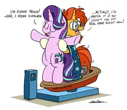 Size: 2029x1763 | Tagged: safe, artist:bobthedalek, derpibooru import, starlight glimmer, sunburst, pony, unicorn, beard, bipedal, boat, boaty mcboatface, cloak, clothes, dialogue, eyes closed, facial hair, female, foxtrot, glasses, implied bisexual, implied shipping, implied startrix, implied trixie, literal shipping, male, mare, ride, shipping, simple background, stallion, starburst, straight, titanic, white background