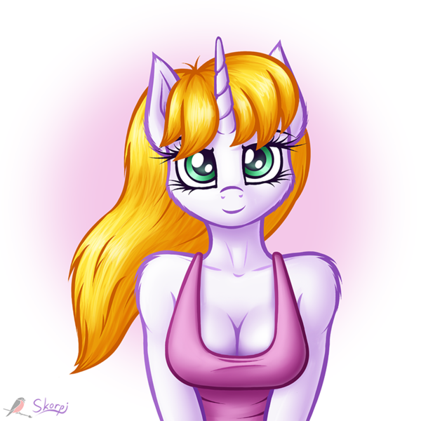 Size: 800x800 | Tagged: safe, artist:hikariviny, artist:skorpionletun, derpibooru import, oc, oc:snow veil, unofficial characters only, anthro, unicorn, anthro oc, breasts, cleavage, digital art, female, looking at you, signature, simple background, solo, ych result