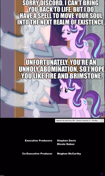 Size: 1360x2267 | Tagged: safe, derpibooru import, edit, edited screencap, editor:useraccount, screencap, discord, starlight glimmer, draconequus, ghost, pony, unicorn, a matter of principals, a worse ending for discord, bad end, comic, credits screen, dead, discord drama, female, floppy ears, ghost discord, hell, image macro, male, mare, meme, screencap comic