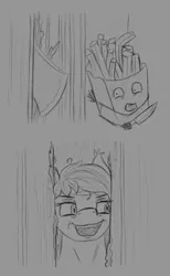 Size: 700x1140 | Tagged: safe, artist:stray prey, derpibooru import, oc, oc:panne, bat pony, pony, ambiguous gender, axe, door, duo, evil grin, female, food, french fries, grayscale, grin, here's johnny, jack nicholson, knife, mare, monochrome, smiling, the shining, weapon