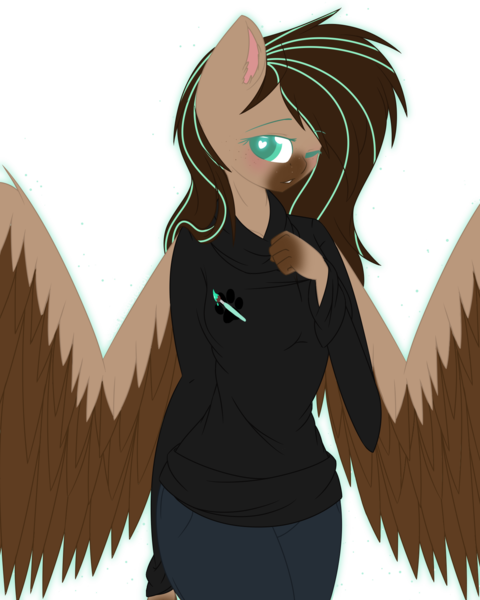 Size: 1440x1800 | Tagged: anthro, artist:electricaldragon, clothes, derpibooru import, female, hoodie, mare, oc, oc:mint, one eye closed, pants, pegasus, safe, simple background, solo, transparent background, wink