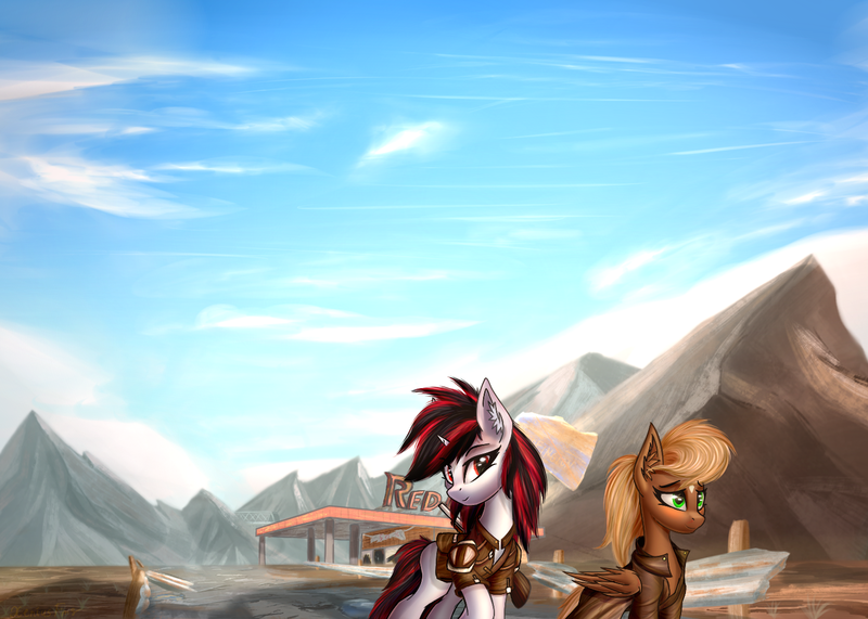 Size: 1400x1000 | Tagged: safe, artist:xeniusfms, derpibooru import, oc, oc:blackjack, oc:threnody, unofficial characters only, pegasus, pony, unicorn, fallout equestria, fallout equestria: project horizons, fallout equestria: speak, clothes, fanfic art, gas station, road, wasteland