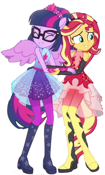 Size: 436x727 | Tagged: safe, artist:superbobiann, derpibooru import, editor:superbobiann, sci-twi, sunset shimmer, twilight sparkle, equestria girls, equestria girls series, duo, duo female, female, ponied up, scitwilicorn, shipping fuel, simple background, transparent background