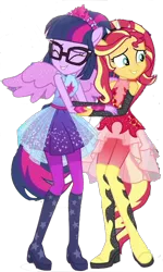 Size: 436x727 | Tagged: safe, artist:superbobiann, derpibooru import, editor:superbobiann, sci-twi, sunset shimmer, twilight sparkle, equestria girls, equestria girls series, duo, duo female, female, ponied up, scitwilicorn, shipping fuel, simple background, transparent background