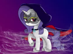Size: 2000x1500 | Tagged: safe, artist:freezeroffire, derpibooru import, rarity, pony, unicorn, ponies of dark water, cape, clothes, doctor doomity, evil, evil rarity, fog, mask, red eyes, solo