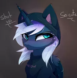 Size: 1190x1197 | Tagged: safe, artist:magnaluna, derpibooru import, princess luna, alicorn, pony, :o, behaving like a cat, blushing, bust, cheek fluff, clothes, colored wings, colored wingtips, cute, ethereal mane, female, glare, gray background, hoodie, lunabetes, mare, neck fluff, open mouth, pouting, simple background, sitting, solo, sparkles, speech bubble, starry mane, starry wings, sweet dreams fuel, text, tsundere, tsunderuna, wing fluff
