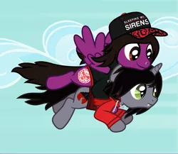 Size: 1832x1588 | Tagged: safe, artist:lightningbolt, derpibooru import, ponified, ponified:kellin quinn, pegasus, pony, unicorn, .svg available, cap, carrying, clothes, cloud, disguise, disguised siren, drop dead clothing, duo, fangs, floppy ears, flying, hair over one eye, hat, holding a pony, hoodie, horn, jewelry, looking down, male, necklace, nose piercing, pierce the veil, piercing, sky, sleeping with sirens, slit eyes, spread wings, stallion, svg, vector, vic fuentes, wings