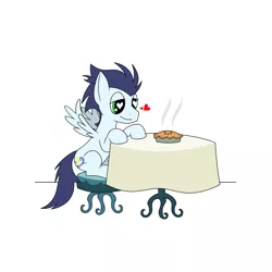 Size: 3000x3000 | Tagged: safe, artist:silver dash, derpibooru import, soarin', pegasus, pony, atg 2018, backwards cutie mark, cargo ship, chair, food, heart, heart eyes, male, newbie artist training grounds, pie, shipping, simple background, sitting, solo, stallion, table, that pony sure does love pies, white background, wingding eyes