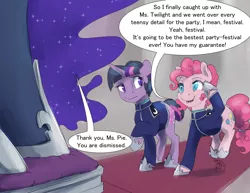 Size: 1320x1020 | Tagged: safe, artist:silfoe, derpibooru import, nightmare moon, pinkie pie, twilight sparkle, alicorn, earth pony, pony, unicorn, moonsetmlp, alternate timeline, clothes, dialogue, ethereal mane, female, jumping, mare, raised hoof, salute, speech bubble, starry mane, tumblr, unicorn twilight, uniform