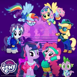 Size: 1080x1080 | Tagged: 80s, applejack, derpibooru import, fluttershy, gameloft, glam rock dash, hoofgazer fluttershy, mane seven, mane six, official, pinkie pie, pop princess twilight, rainbow dash, rarity, retro, retro spike, safe, spike, twilight sparkle