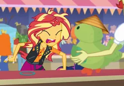 Size: 875x612 | Tagged: safe, deleted from derpibooru, derpibooru import, edit, edited screencap, screencap, flam, golden hazel, sandalwood, sunset shimmer, parakeet, equestria girls, equestria girls series, rollercoaster of friendship, 4chan, bootleg, chinese text, it's not about the parakeet, racism, that's racist