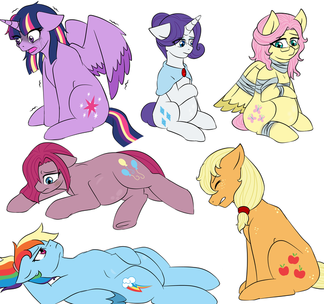 Size: 4150x3895 | Tagged: safe, artist:jolliapplegirl, derpibooru import, applejack, fluttershy, pinkie pie, rainbow dash, rarity, twilight sparkle, twilight sparkle (alicorn), alicorn, earth pony, pegasus, pony, unicorn, crying, depressed, depression, female, glasses, headcanon, image, injured, mane six, mare, pinkamena diane pie, png, preggy pie, pregnant, sad, unhappy