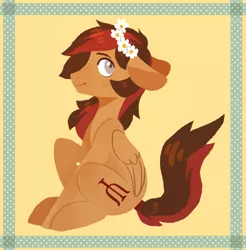 Size: 1453x1478 | Tagged: safe, artist:koviry, derpibooru import, oc, unofficial characters only, pegasus, pony, floppy ears, floral head wreath, flower, folded wings, lineless, looking back, male, profile, raised hoof, sitting, smiling, solo, stallion, wings