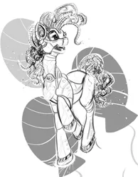 Size: 1008x1298 | Tagged: safe, artist:testostepone, derpibooru import, pinkie pie, pony, robot, robot pony, female, grayscale, mare, monochrome, pinkie bot, roboticization, simple background, solo, white background