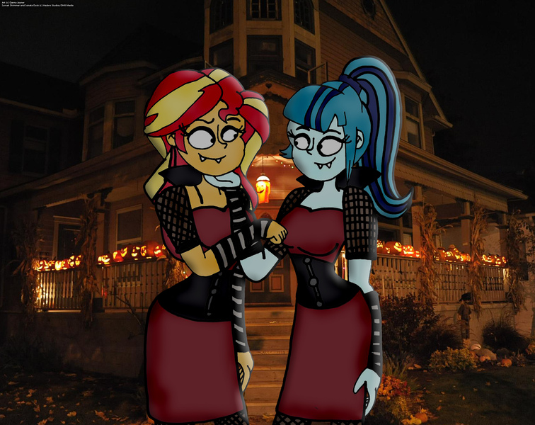 Size: 3999x3174 | Tagged: safe, artist:rdj1995, derpibooru import, sonata dusk, sunset shimmer, vampire, equestria girls, female, lesbian, shipping, sunata