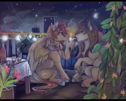 Size: 1280x1023 | Tagged: safe, artist:1an1, derpibooru import, oc, unofficial characters only, pegasus, pony, balcony, chin fluff, cigarette, cigarette kiss, city, cityscape, digital painting, duo, gay, lidded eyes, long hair, male, night, night sky, scenery, sitting, sky, smoking, stallion, string lights, tender moment, touching tips, unshorn fetlocks