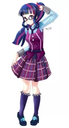 Size: 600x1109 | Tagged: safe, artist:love2eategg, derpibooru import, sci-twi, twilight sparkle, equestria girls, anime, clothes, crystal prep academy uniform, female, glasses, high heels, human coloration, pleated skirt, ponytail, school uniform, shoes, simple background, skirt, skirt lift, socks, solo, white background