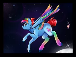 Size: 4800x3600 | Tagged: safe, artist:tabertheraver, derpibooru import, rainbow dash, pegasus, pony, alternate cutie mark, alternate hairstyle, colored wings, female, looking at you, mare, redesign, short hair, short tail, smiling, solo, space
