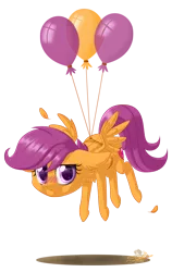 Size: 800x1267 | Tagged: safe, artist:unisoleil, derpibooru import, scootaloo, pegasus, pony, :t, balloon, blushing, chest fluff, chibi, colored pupils, ear fluff, embarrassed, feather, female, filly, floating, floppy ears, frown, glare, looking at you, scootaloo can't fly, scrunchy face, simple background, solo, spread wings, transparent background, wavy mouth, wings