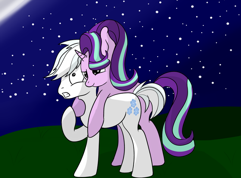 Size: 2500x1844 | Tagged: safe, artist:darelith, derpibooru import, double diamond, starlight glimmer, earth pony, pony, unicorn, atg 2018, female, glimmerdiamond, hug, male, moon, newbie artist training grounds, night, ptsd, shipping, stars, straight