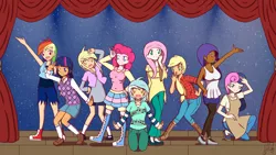 Size: 1820x1024 | Tagged: alternate hairstyle, applejack, apron, artist:platinum-starz, bon bon, boots, chocolarity, clothes, converse, crossover, dark skin, denim skirt, derpibooru import, derpy hooves, dress, female, flats, fluttershy, hoodie, human, humanized, jeans, love live! school idol project, lyra heartstrings, open mouth, pants, pantyhose, pinkie pie, rainbow dash, rarity, safe, school idol, shoes, shorts, skirt, sneakers, socks, stage, start:dash, sweater, sweatershy, sweater vest, sweetie drops, thigh highs, twilight sparkle