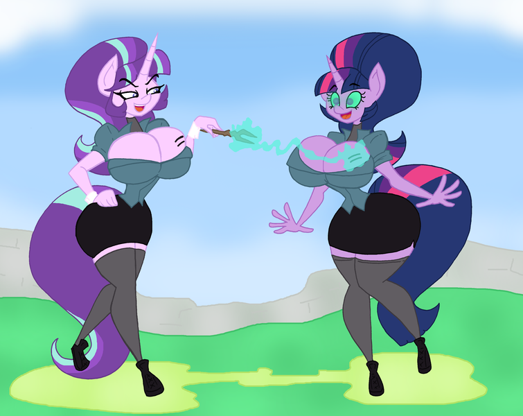 Size: 3300x2623 | Tagged: suggestive, artist:da-fuze, derpibooru import, starlight glimmer, twilight sparkle, anthro, unicorn, the cutie map, alternate hairstyle, alternative cutie mark placement, anti-gravity boobs, big breasts, big hair, bimbo, bimbo sparkle, bimboification, boobie mark, breasts, busty starlight glimmer, busty twilight sparkle, cutie mark, equal cutie mark, equalized, female, femdom, femsub, glowing eyes, huge breasts, hypnosis, impossibly thin waist, magic wand, s5 starlight, spherical breasts, staff, staff of sameness, submissive, transformation, twinning, zettai ryouiki