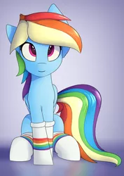 Size: 2417x3418 | Tagged: safe, artist:renderpoint, derpibooru import, rainbow dash, pegasus, pony, clothes, female, mare, rainbow socks, simple background, socks, solo, striped socks