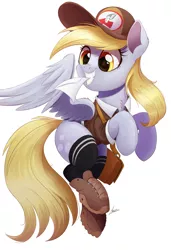 Size: 1707x2500 | Tagged: safe, artist:ncmares, derpibooru import, derpy hooves, pegasus, pony, atg 2018, bag, boots, cap, cheek fluff, chest fluff, clothes, cute, derpabetes, ear fluff, envelope, female, fluffy, grin, hat, looking back, mailbag, mailpony, mare, messenger bag, mouth hold, newbie artist training grounds, nose wrinkle, shoes, signature, simple background, smiling, socks, solo, squee, thigh highs, underp, white background, wing fluff