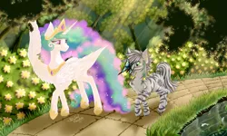 Size: 2500x1500 | Tagged: safe, artist:striped-chocolate, derpibooru import, princess celestia, oc, oc:patrick poe, alicorn, butterfly, fish, pony, zebra, duo, female, forest, garden, lidded eyes, male, mare, rcf community, road, zebra oc