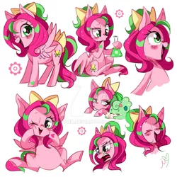 Size: 800x800 | Tagged: safe, artist:ipun, derpibooru import, oc, oc:gadget, oc:precious metal, unofficial characters only, pegasus, pony, blushing, bow, chibi, deviantart watermark, eyes closed, female, flask, hair bow, laughing, mare, one eye closed, open mouth, simple background, solo, watermark, wink