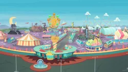 Size: 1920x1080 | Tagged: safe, derpibooru import, screencap, equestria girls, equestria girls series, rollercoaster of friendship, amusement park, candy, candy cane, equestria land, food, hard hat, no pony, rides, scenery, table, theme park, umbrella, workers