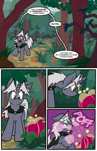 Size: 3500x5406 | Tagged: artist:virmir, bulb, cape, clothes, comic, comic:nature walk, derpibooru import, dialogue, flower, forest, oc, oc:virmare, oc:virmir, onomatopoeia, pollen, safe, species swap, tempting fate, unofficial characters only