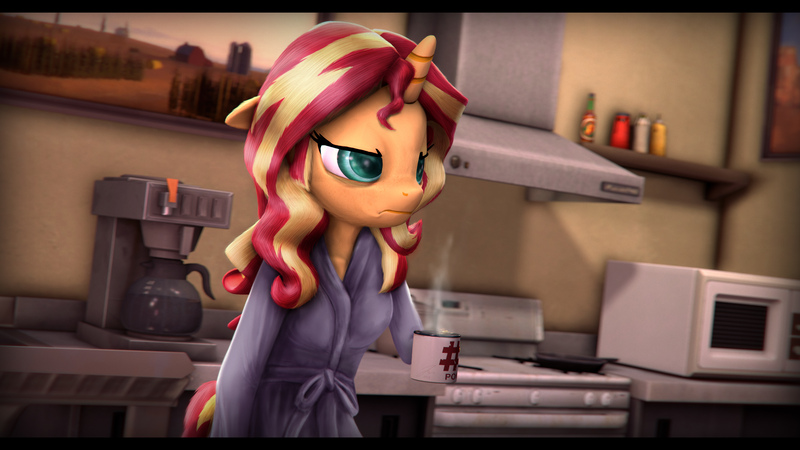 Size: 9600x5400 | Tagged: safe, artist:imafutureguitarhero, derpibooru import, sunset shimmer, anthro, unicorn, equestria girls, 3d, absurd resolution, angry, bags under eyes, black bars, bottle, cheek fluff, chest fluff, chromatic aberration, clothes, coffee, coffee machine, cup, dressing gown, ear fluff, female, film grain, floppy ears, food, freckles, grumpy, kitchen, lidded eyes, mare, microwave, mug, painting, pan, robe, sauce, signature, solo, source filmmaker, steam, stove, tail, tired