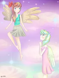 Size: 3000x4000 | Tagged: safe, artist:marie-tea-chan, derpibooru import, angel wings, vapor trail, human, pegasus, pony, anime, clothes, dress, female, hair, humanized, lesbian, love, romantic, shipping, stars, vaporwings, winged humanization, wings