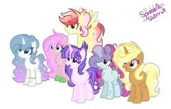 Size: 3033x1929 | Tagged: safe, artist:101xsplattyx101, derpibooru import, oc, oc:diamond gradient, oc:lightning star, oc:lucky clover, oc:spring flame, oc:starshine century, oc:sugar cake, unofficial characters only, dracony, earth pony, hybrid, pegasus, pony, unicorn, female, mare, offspring, parent:applejack, parent:fancypants, parent:flash magnus, parent:fluttershy, parent:party favor, parent:pinkie pie, parent:rainbow dash, parent:rarity, parent:spike, parent:trenderhoof, parents:dashmagnus, parents:flashlighy, parents:flutterspike, parents:partypie, parents:raripants, parents:trenderjack, simple background, transparent background