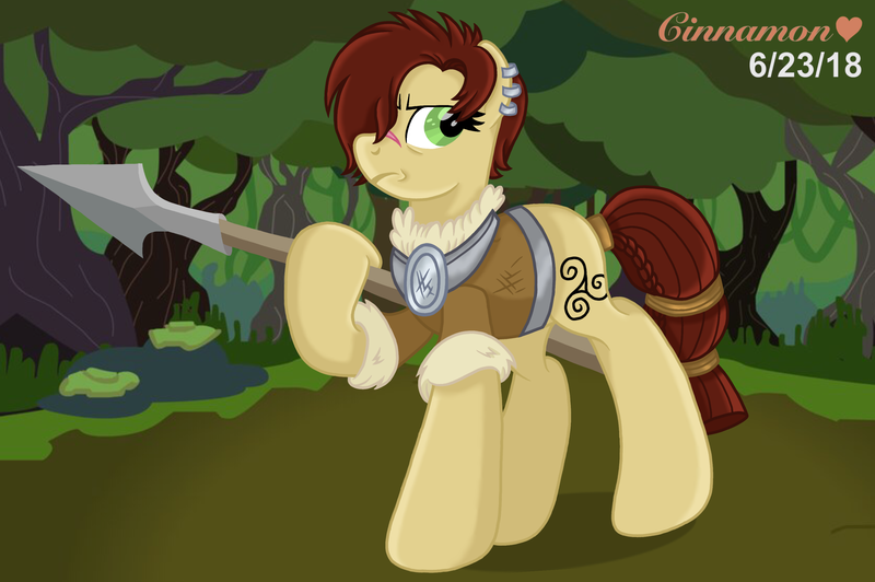 Size: 3284x2182 | Tagged: safe, artist:cinnamon-swirls, derpibooru import, idw, steela oresdotter, earth pony, pony, clothes, female, mare, scar, solo, spear, triskelion, weapon