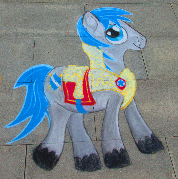 Size: 3016x3040 | Tagged: safe, artist:malte279, artist:themisto97, derpibooru import, oc, oc:wachmann, earth pony, pony, armor, chalk, chalk drawing, galacon, galacon 2018, street art, traditional art