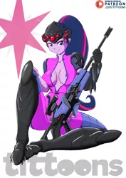 Size: 900x1273 | Tagged: suggestive, artist:tittoons, derpibooru import, twilight sparkle, equestria girls, breasts, busty twilight sparkle, clothes, cosplay, costume, female, gun, overwatch, ponytail, smiling, solo, solo female, weapon, widowmaker