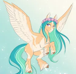 Size: 2589x2550 | Tagged: safe, artist:askbubblelee, derpibooru import, oc, oc:willow breeze, unofficial characters only, pegasus, pony, female, floral head wreath, flower, flying, freckles, mare, solo, speckled, spread wings, unshorn fetlocks, wings
