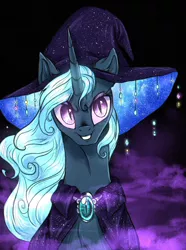 Size: 802x1080 | Tagged: safe, artist:not-ordinary-pony, derpibooru import, trixie, pony, unicorn, cape, clothes, corrupted, female, fog, hat, looking at you, mare, nightmare trixie, nightmarified, smiling, smirk, solo, witch hat