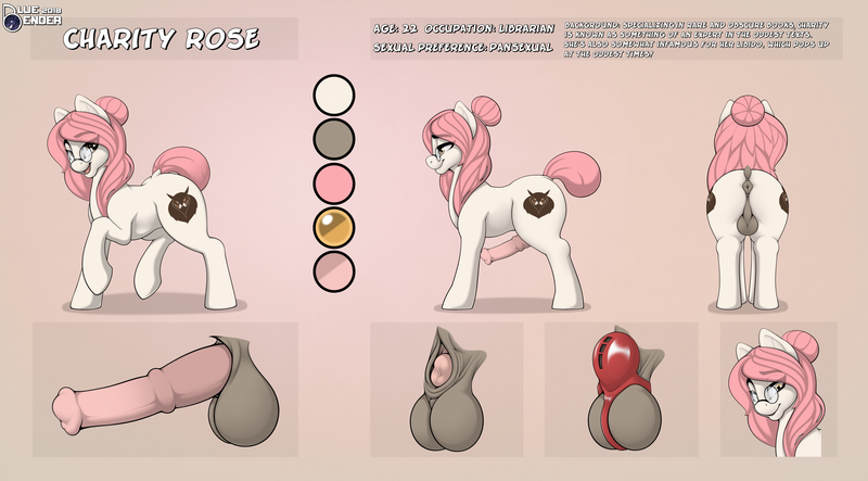 Size: 3000x1662 | Tagged: explicit, artist:bluebender, derpibooru import, oc, oc:charity rose, unofficial characters only, earth pony, pony, anus, balls, bdsm, chastity, chastity cage, commission, cute, cutie mark, dickgirl, futa, glasses, hair bun, horsecock, nudity, orgasm denial, penis, ponut, reference sheet, sheath, taint, text, toned