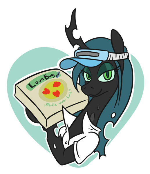 Size: 570x661 | Tagged: artist:jargon scott, cadance's pizza delivery, changeling, changeling queen, clothes, derpibooru import, female, food, hat, heart, looking at you, peetzer, pizza, pizza box, pizza delivery, popped collar, queen chrysalis, safe, solo, visor