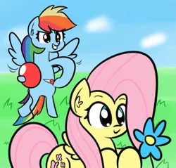 Size: 1111x1064 | Tagged: safe, artist:artiks, derpibooru import, fluttershy, rainbow dash, pegasus, pony, abuse, atg 2018, balloon, balloon popping, duo, duo female, female, flower, flutterbuse, mare, mean, nail, newbie artist training grounds, popping, prank, pure unfiltered evil, rainbow douche, this will end in tears