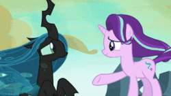 Size: 480x270 | Tagged: safe, derpibooru import, edit, edited screencap, screencap, queen chrysalis, starlight glimmer, changeling, changeling queen, pony, unicorn, lesson zero, to where and back again, animated, atomic rainboom, female, mare, rainbow nuke, wtf boom!