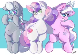 Size: 3508x2480 | Tagged: safe, alternate version, artist:patoriotto, derpibooru import, diamond tiara, silver spoon, sweetie belle, earth pony, pony, unicorn, belly button, braid, chubby, cutie mark, fat, female, filly, signature, sweetie belly, the cmc's cutie marks, trio, trio female