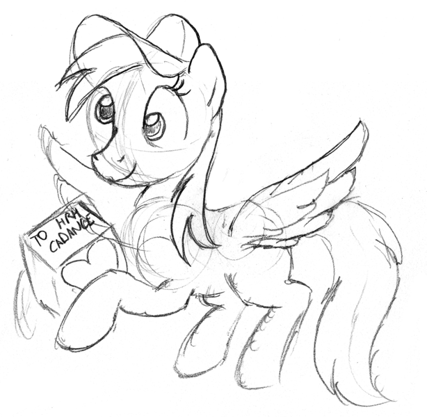 Size: 1280x1250 | Tagged: safe, artist:arrjaysketch, derpibooru import, derpy hooves, pegasus, pony, art challenge, delivery, hat, implied princess cadance, monochrome, package, simple background, sketch, white background