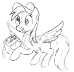 Size: 1280x1250 | Tagged: safe, artist:arrjaysketch, derpibooru import, derpy hooves, pegasus, pony, art challenge, delivery, hat, implied princess cadance, monochrome, package, simple background, sketch, white background