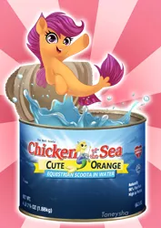 Size: 4961x7016 | Tagged: absurd resolution, artist:taneysha, chicken of the sea, cute, cutealoo, derpibooru import, female, looking at you, safe, scootachicken, scootaloo, seaponified, seapony (g4), seapony scootaloo, smiling, solo, species swap, surf and/or turf, tin can