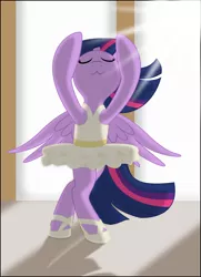 Size: 1240x1709 | Tagged: :3, alicorn, artist:eagle1division, ballerina, bipedal, clothes, dancing, derpibooru import, dress, eyes closed, female, majestic, mare, ponified animal photo, raised hoof, safe, smiling, solo, spread wings, tutu, twilarina, twilight sparkle, twilight sparkle (alicorn), windswept mane, windswept tail, wings